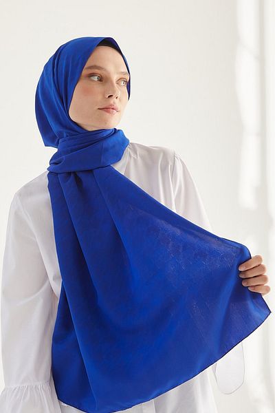 FRESCO SCARFS Γυναικείο Hijab Μεταξένιο Ζακάρ Houndstooth Σάλι*Σαξ Μπλε