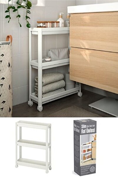 BİTERSE Tekerlekli Çok Amaçlı Dolap Kenarı Düzenleyici Raf Beyaz3 Katlı