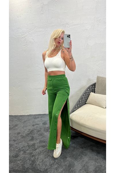 1Moda1Tarz Women's Green High Waist Elasticated Side Snap Wide Leg Tracksuit Bottom