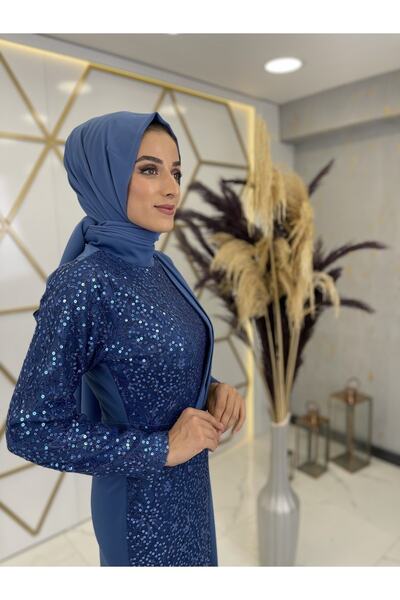 PİENNAR Pul Payetli Açelya Tesettür Abiye Indigo