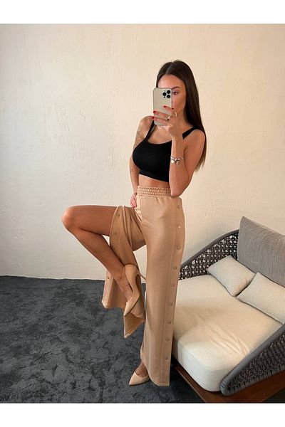 1Moda1Tarz Γυναικεία κρεμ ψηλόμεση ελαστική πλαϊνή κουμπωτή φόρμα με φαρδύ πόδι στο κάτω μέρος