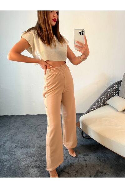 1Moda1Tarz Γυναικεία κρεμ ψηλόμεση ελαστική πλαϊνή κουμπωτή φόρμα με φαρδύ πόδι στο κάτω μέρος