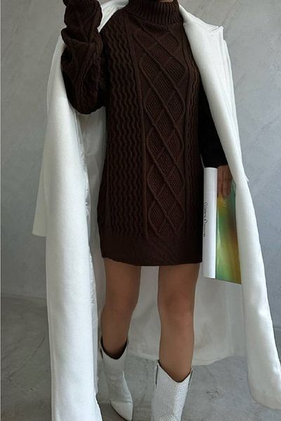 lovebox Women's Oversize Turtleneck Brown Knitted Sweater 5243