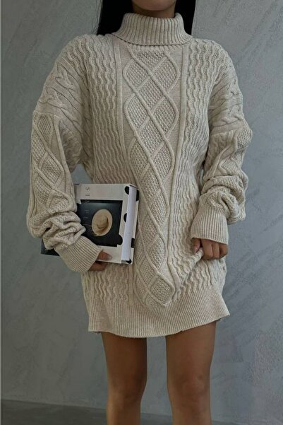 bayansepeti Γυναικείο Μπεζ Oversize Πλεχτό Πουλόβερ με Ψηλό Λαιμό 5243