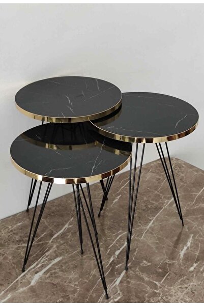 İZMİR ALİNDA MOBİLYA Firkete Model Metal Ayaklı Siyah Mermer Desenli Yuvarlak Zigon Sehpa