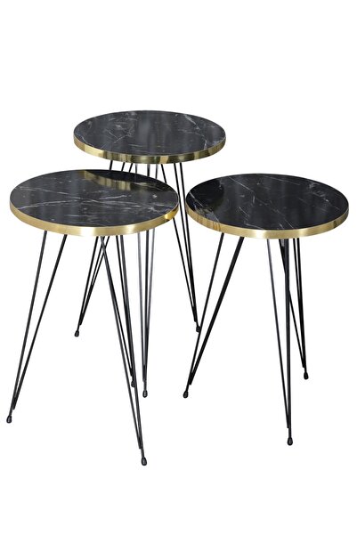 İZMİR ALİNDA MOBİLYA Firkete Model Metal Ayaklı Siyah Mermer Desenli Yuvarlak Zigon Sehpa