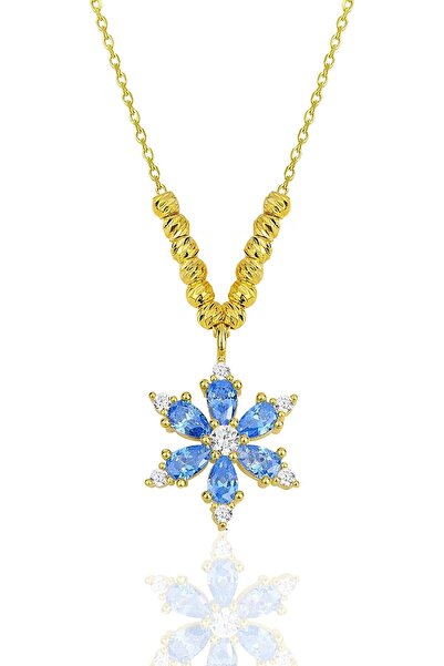 Bilsen Store 925 Ayar Gümüş Zincirli Altın Kaplama Dorika Toplu Akuamarin Taşlı Lotus Kamelya Çiçeği Kolye