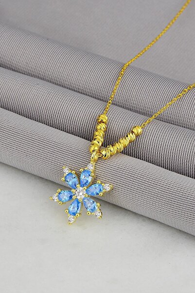 Bilsen Store 925 Ayar Gümüş Zincirli Altın Kaplama Dorika Toplu Akuamarin Taşlı Lotus Kamelya Çiçeği Kolye