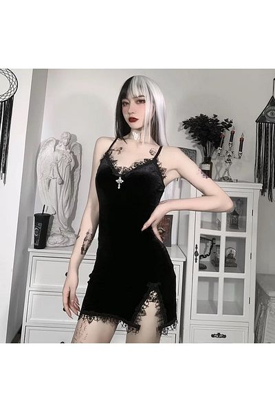 Köstebek Gothic Black Cross Detailed Slit Dress