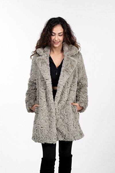 KürkZone Kadın Ingiliz Yaka Mint Yeşili Patchwork Desen Ithal Kürk Kısa Manto