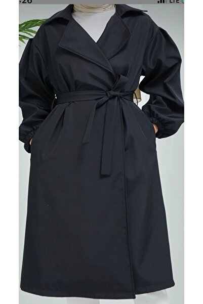 yeni Belden Bağlamalı Bonded Kumaş Balon Kol Siyah Trençkot