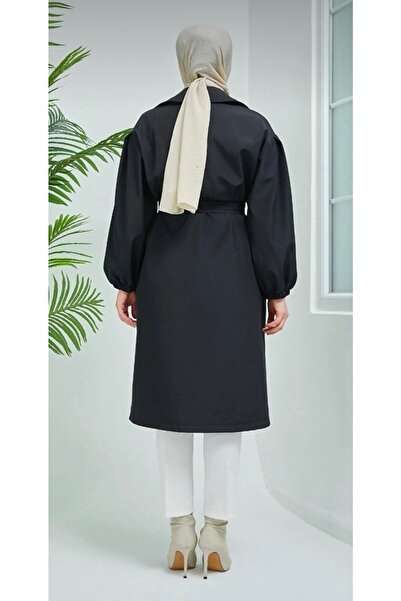 yeni Belden Bağlamalı Bonded Kumaş Balon Kol Siyah Trençkot