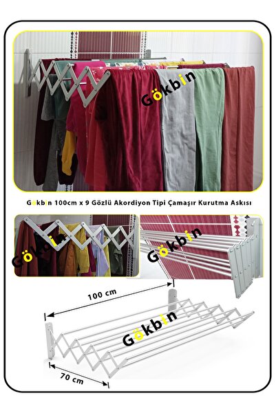 Gökbin Akordiyon Tipi Çamaşır Kurutma Askısı 100cm X 9 Gözlü Paslanmaz Alümin...