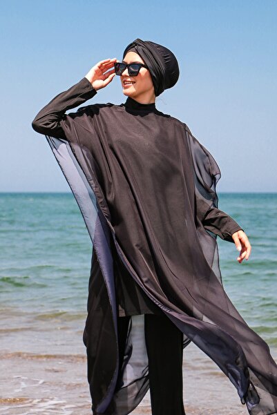 Marina Μαύρο απλό Kaftan Kimono Pareo σε μαγιό Hijab P2110