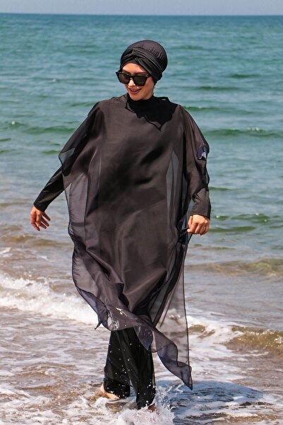Marina Μαύρο απλό Kaftan Kimono Pareo σε μαγιό Hijab P2110