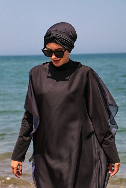 Marina Μαύρο απλό Kaftan Kimono Pareo σε μαγιό Hijab P2110