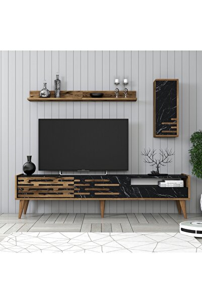 Variant Mobilya Valensiya Duvar Raflı Tv Ünitesi - Ceviz / Siyah Mermer