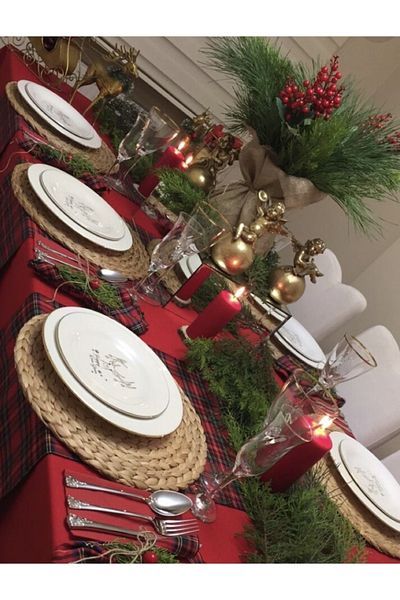 BELMOD New Year's Red Scottish Plaid 3-Piece Runner 40*16cm 6-Piece New Year's Plaid Fabric Napkin 40*40 cm