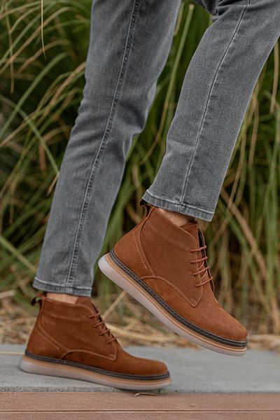 BOUIS Men's Tan Genuine Leather Lace-Up High Top Orthopedic Transparent Sole Comfortable Long Winter Shoes