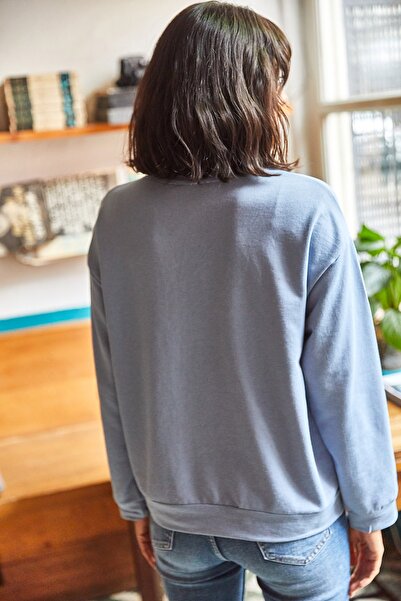 Olalook Kadın Düz İndigo Basic Yumuşak Dokulu Salaş Sweatshirt SWT-19000457