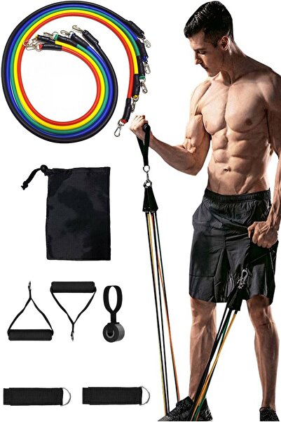 Leyaton Siyah Çantalı 11 Parça 5 Farklı Direnç Pilates Güç Lastiği Seti