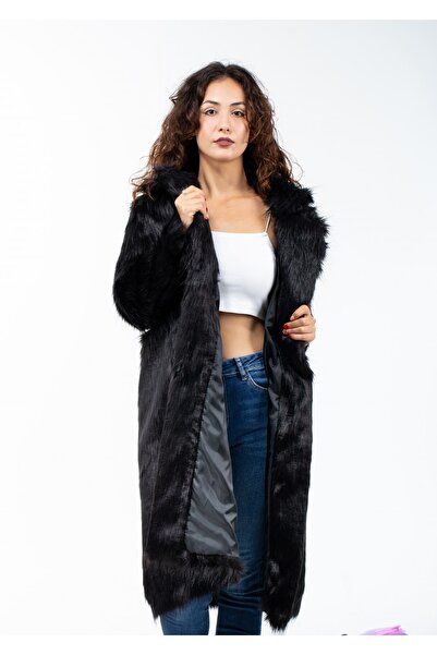KürkZone Kadın Yeni Trend Siyah Kürk Manto
