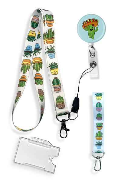 StormiStoretr Set de 4 cactus breloc cu frânghie pentru gât Suport card pentru guler Yoyo