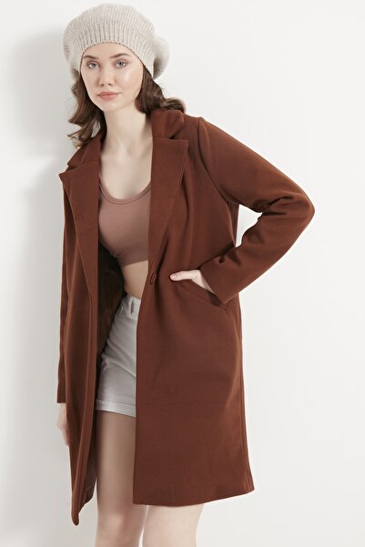 MEECY Γυναικείο παλτό σοκολάτας με γραμματόσημα