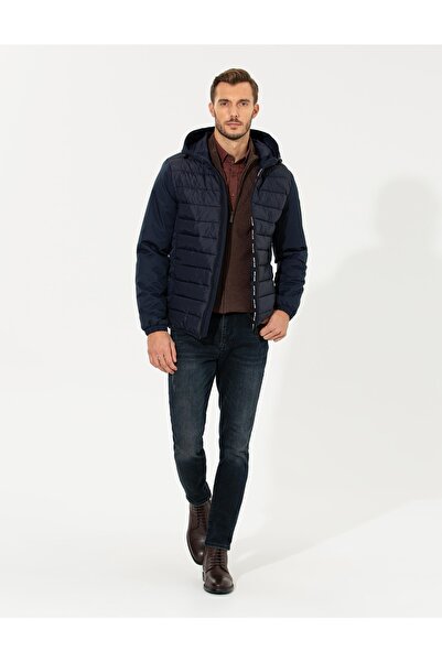Pierre Cardin Lacivert Standart Fit Kapüşonlu Kapitone Mont