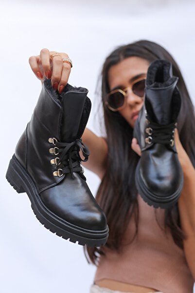 ELİT SHOES Nettal Hakiki Deri Iç Kısmı Kürk Detaylı Kadın Postal