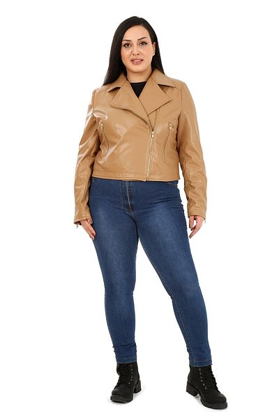 DISENTIS MODEST Μπεζ κοντό δερμάτινο παλτό Plus Size Διπλό φερμουάρ με λεπτομερή επένδυση τσέπης