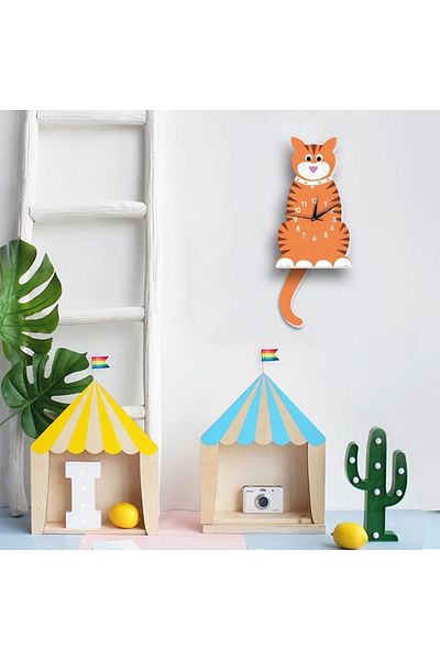 CajuArt Wooden Swinging Pendulum Tabby Cat Children's Room Wall Clock