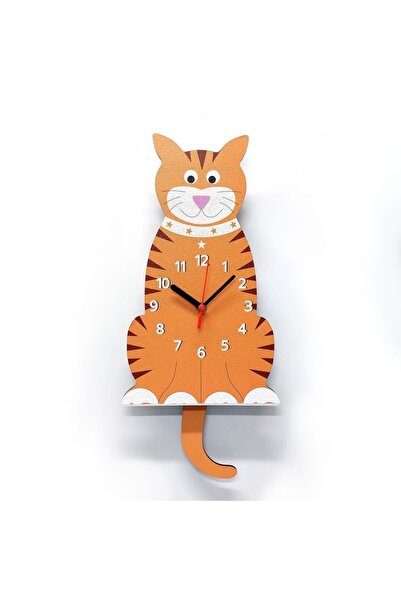 CajuArt Wooden Swinging Pendulum Tabby Cat Children's Room Wall Clock