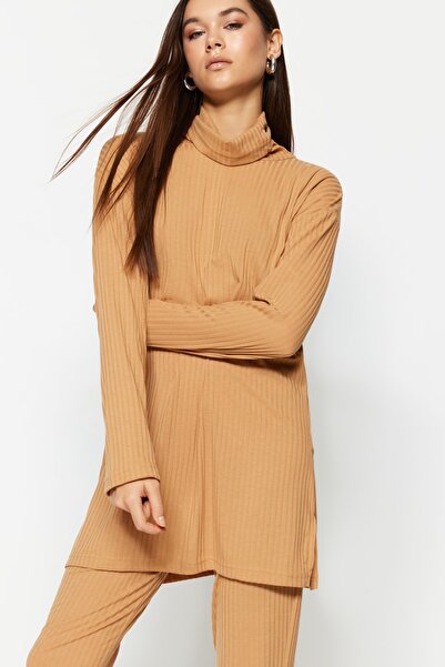 Trendyol Modest Camel Turtleneck Tunic-Pants Knitted Set TCTAW23US00126