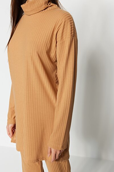 Trendyol Modest Camel Turtleneck Tunic-Pants Knitted Set TCTAW23US00126