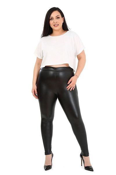 DISENTIS MODEST Plus Size Black Leather Leggings with Elastic Waist and Ankle Length Panels