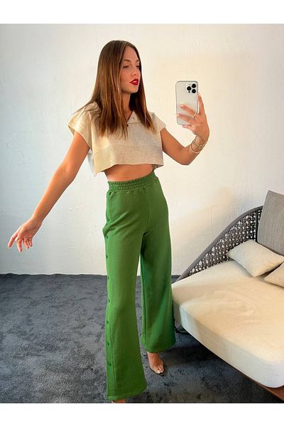 1Moda1Tarz Women's Green High Waist Elasticated Side Snap Wide Leg Tracksuit Bottom
