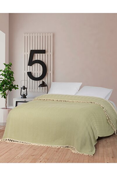 Casamollis Çift Kişilik 200x250 Balık Sırtı Desenli , Yeşil, Pamuklu , Püsküllü , Bordürlü Yatak Örtüsü