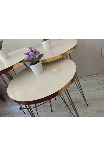 İZMİR ALİNDA MOBİLYA Tel Ayak,krem Renk Yuvarlak 3’lü Zigon Sehpa Gold Bant