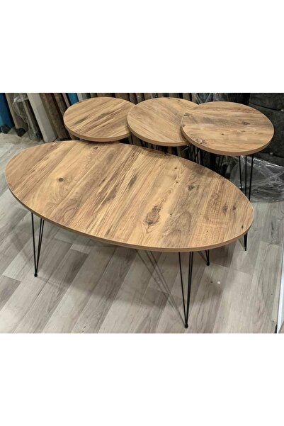 İZMİR ALİNDA MOBİLYA Ceviz Renk, Metal Ayaklı 4’lü Sehpa Kombini