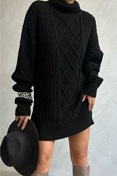 lovebox Women's Oversize Turtleneck Black Knitted Sweater 5243