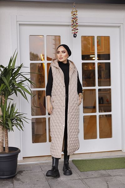 MASSMİZO Women's Hooded Slit Detailed Long Filling Vest