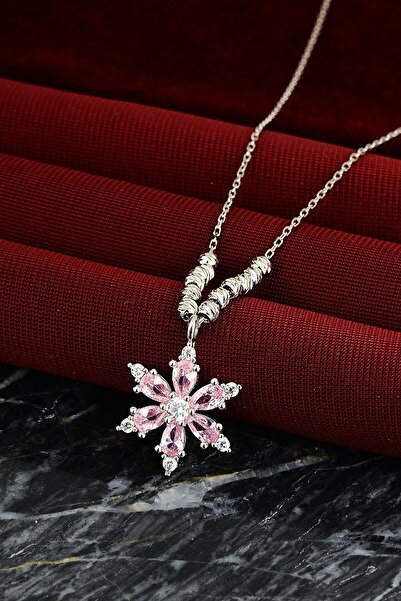 Bilsen Store 925 Ayar Gümüş Zincirli Dorika Toplu Pembe Taşlı Lotus Kamelya Çiçeği Kolye