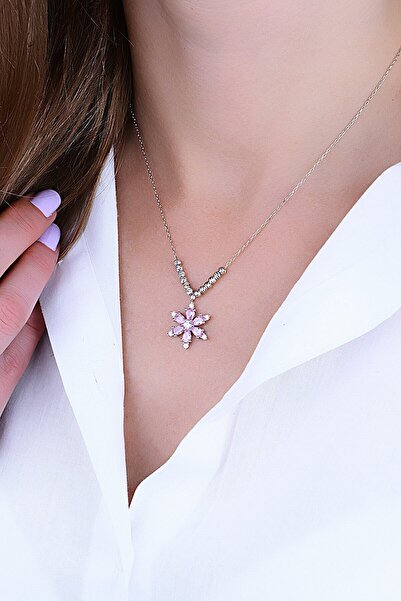 Bilsen Store 925 Ayar Gümüş Zincirli Dorika Toplu Pembe Taşlı Lotus Kamelya Çiçeği Kolye