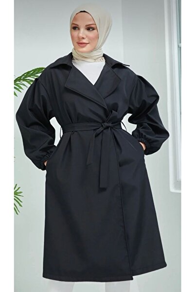 yeni Belden Bağlamalı Bonded Kumaş Balon Kol Siyah Trençkot