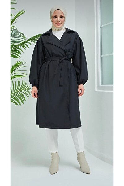 yeni Belden Bağlamalı Bonded Kumaş Balon Kol Siyah Trençkot