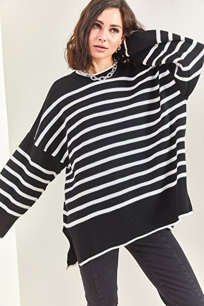 Bianco Lucci Kadın Siyah Beyaz Çizgili Oversize Triko Kazak 40061026