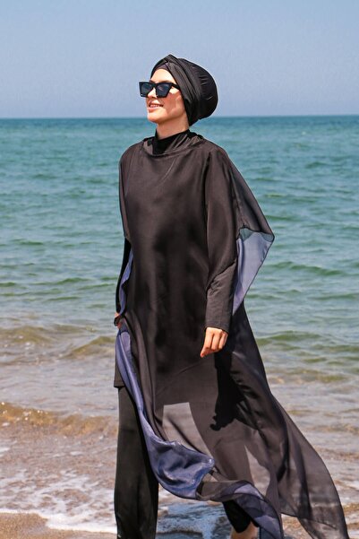 Marina Μαύρο απλό Kaftan Kimono Pareo σε μαγιό Hijab P2110