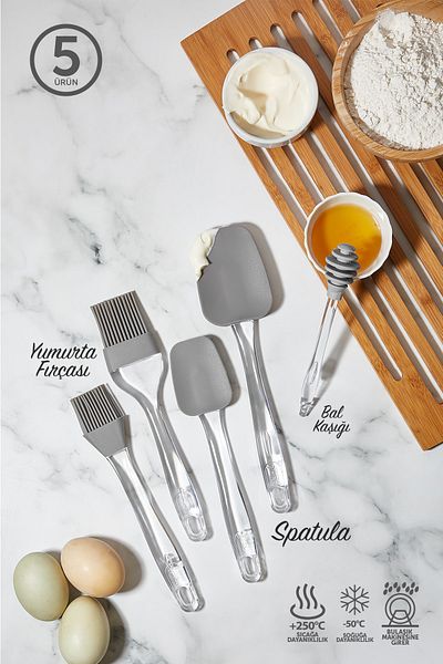 Hane 5-Piece Silicone Brush (2 Sizes) - Spatula (2 Sizes) - Honey Spoon Set