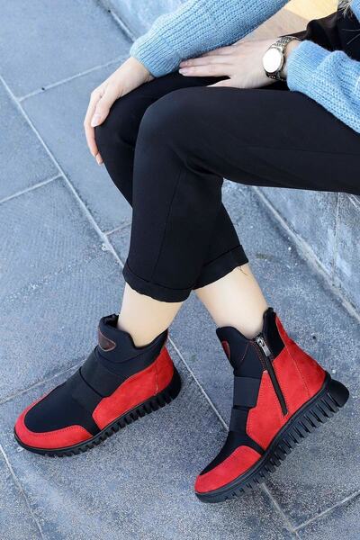 Mamito Ayakkabı Hnm 9090 Düz Tabanlı Lastik Detaylı Bot-siyah Kırmızı